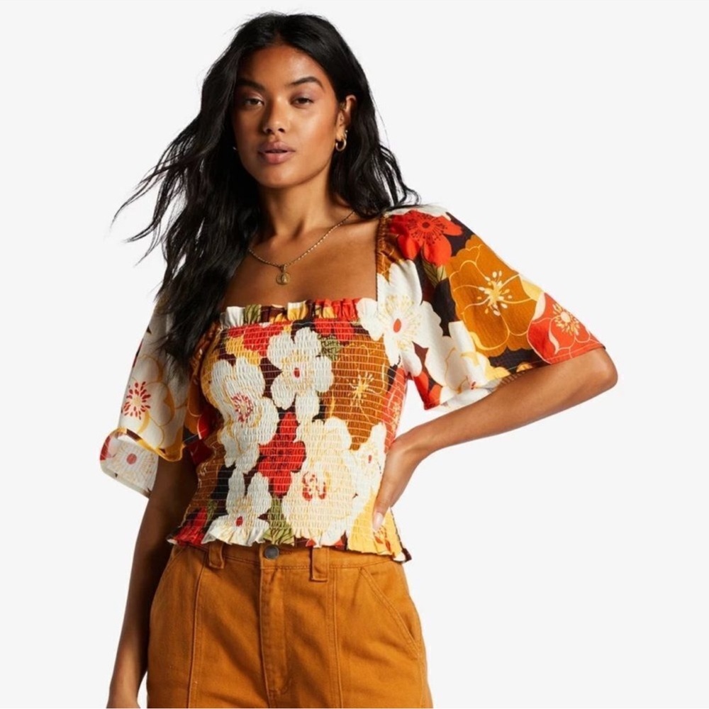 Billabong Golden Daze smocked top - Red, White, Gold, Brown - Picture 2 of 8